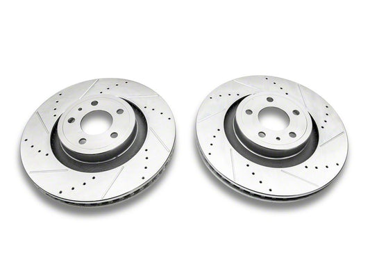 C&L Super Sport Cross-Drilled and Slotted Rotors; Front Pair (15-23 Mustang GT w/o Performance Pack, EcoBoost w/ Performance Pack)