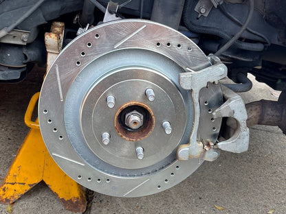 C&L Super Sport Cross-Drilled and Slotted Rotors; Rear Pair (15-23 Mustang GT w/o Performance Pack, EcoBoost w/ Performance Pack)