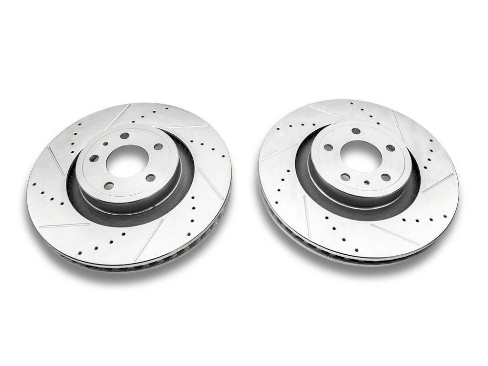 C&L Super Sport Cross-Drilled and Slotted Rotors; Front Pair (15-23 Mustang GT w/o Performance Pack, EcoBoost w/ Performance Pack)