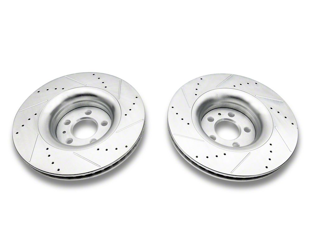 C&L Super Sport Cross-Drilled and Slotted Rotors; Front Pair (15-23 Mustang GT w/o Performance Pack, EcoBoost w/ Performance Pack)