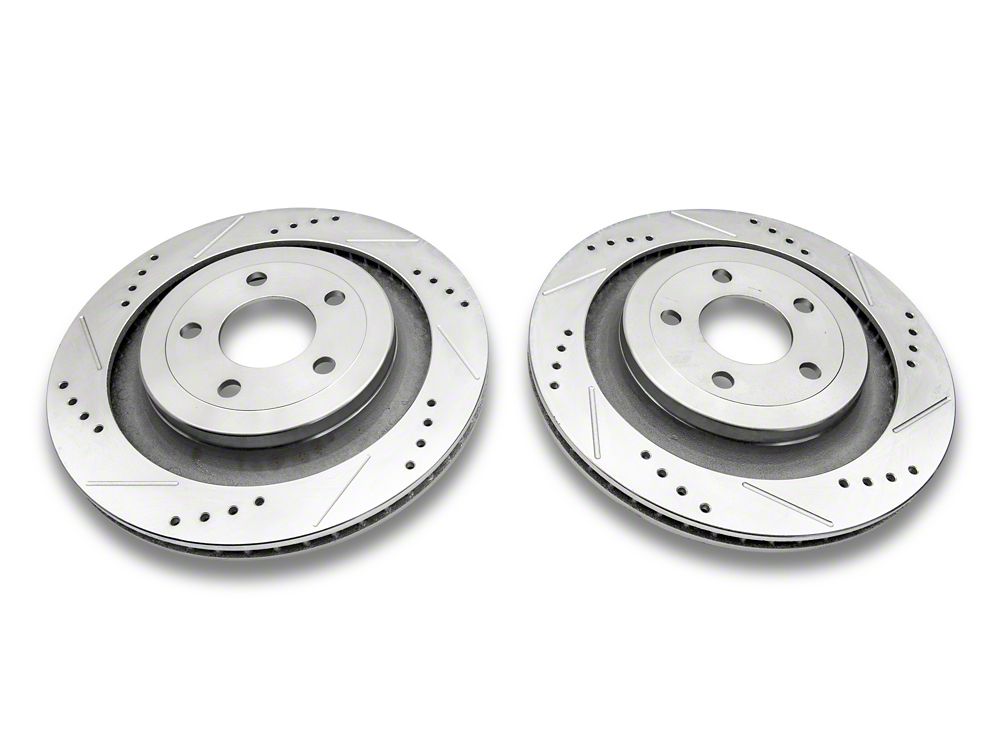 C&L Super Sport Cross-Drilled and Slotted Rotors; Rear Pair (15-23 Mustang GT w/o Performance Pack, EcoBoost w/ Performance Pack)