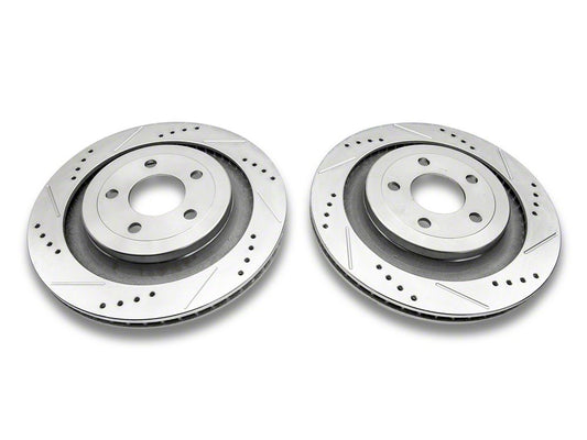 C&L Super Sport Cross-Drilled and Slotted Rotors; Rear Pair (15-23 Mustang GT w/o Performance Pack, EcoBoost w/ Performance Pack)