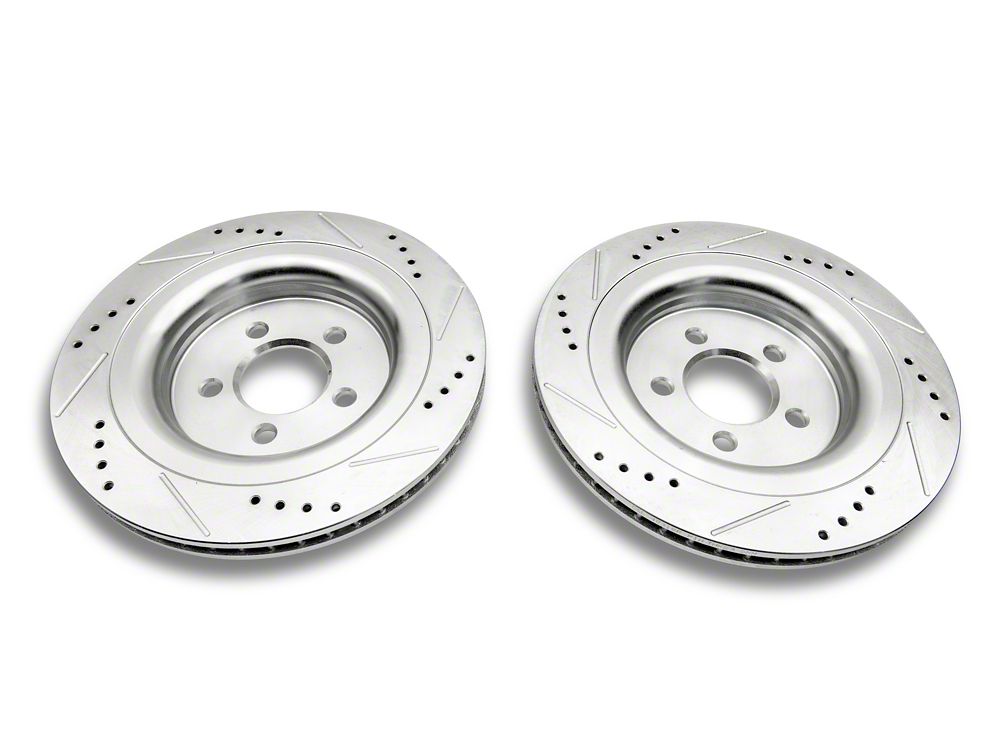 C&L Super Sport Cross-Drilled and Slotted Rotors; Rear Pair (15-23 Mustang GT w/o Performance Pack, EcoBoost w/ Performance Pack)