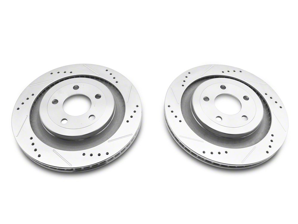 C&L Super Sport Cross-Drilled and Slotted Brake Rotor and Pad Kit; Rear (15-23 Mustang GT w/o Performance Pack, EcoBoost w/ Performance Pack)