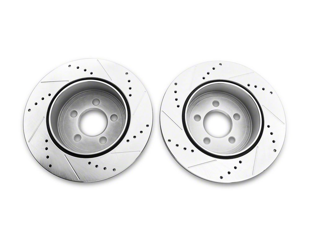 C&L Super Sport Cross-Drilled and Slotted Rotors; Rear Pair (09-23 Challenger GT, R/T, Rallye Redline, SXT & T/A w/ Dual Piston Front Calipers & Vented Rear Rotors; 2011 Challenger SE w/ Dual Piston Front Calipers & Vented Rear Rotors)